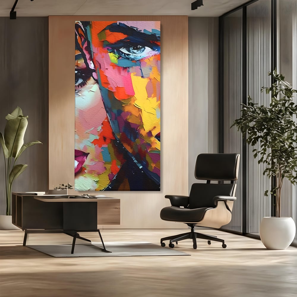Tablou canvas cu tablou canvas cu chipuri in culori vibrante, fara rama, pe sasiu de lemn, pe perete intr-un birou